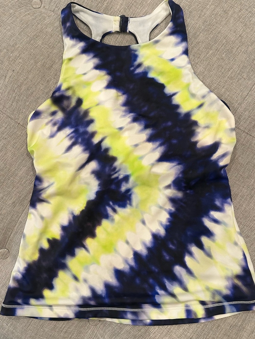 Athleta Navy, Lime & White Tie-Dye Racerback swim top